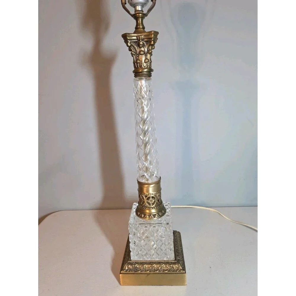 Heavy Vtg Diamond Cut Crystal Glass Table Lamp Hollywood Regency Loevsky Style